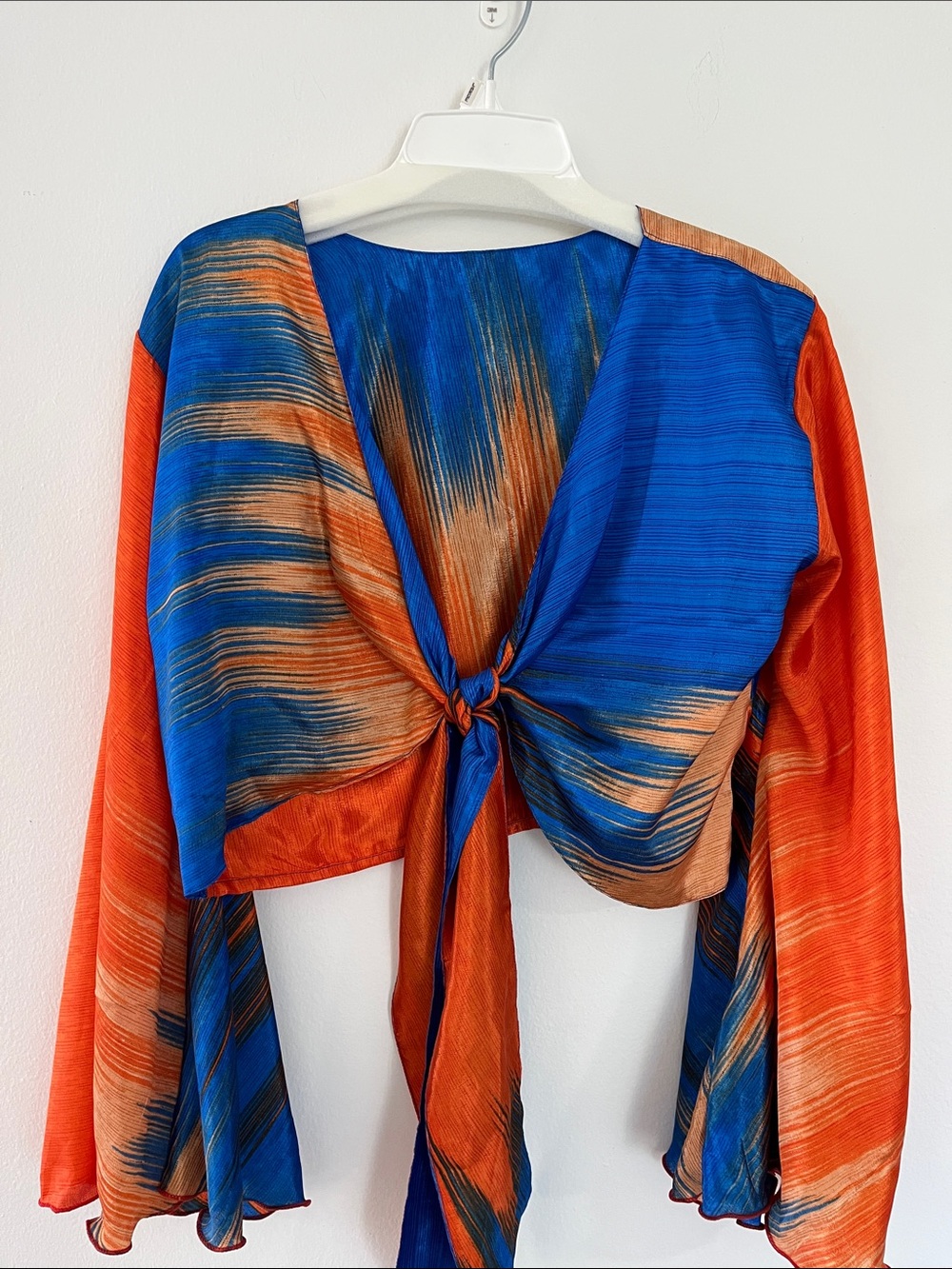 Silk Tie-Front Sheer Blouse in Blue & Orange